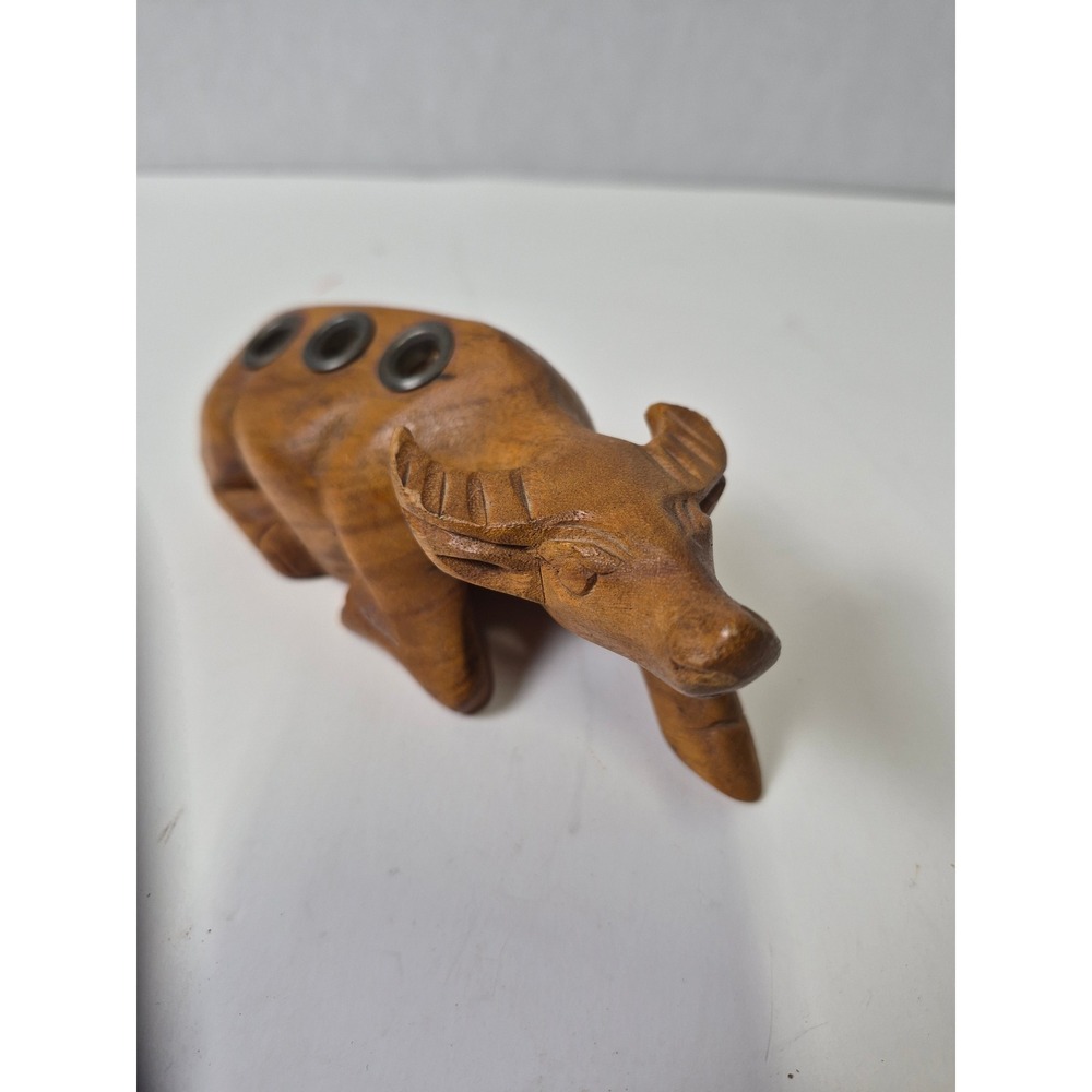 Vintage Hand Carved Wood Water Buffalo Figurine Pen Holder Desk Accessory 6.5in